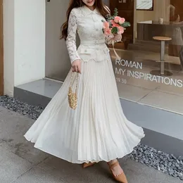 Biała koronkowa sukienka damska mozaika elegancka kamizelka imprezowa z długim rękawem w stylu Lapel Vintage w obcisłym pasku