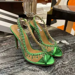 2024 Aquazzura Crystal Ghandelier Pumps Dress Shoes PVC Silver Stiletto Heels Evening Shoes105mm Mlip-on Peep On Ease Women Cheeled Develsers Slingbacks