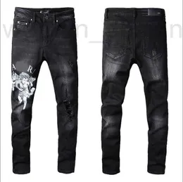 Men's Jeans Designer luxury designer Mens Plated Ripped Blue AM Fashion Slim Fit Motorcycle Biker Hole Beggar Hip Hop Denim Pants Designer men's jeans URYK