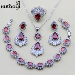 Chokers Xutaayi Sterling Sier Red Garnet Women Jewelry Set Rhodolite Austria Crystal Ring Size 6/7/8/9/10 Bracelet 18+3cm