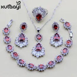 Chokers Xutaayi Sier Sier Red Garnet Kobiety Zestaw biżuterii Rhodolite Austria Crystal Pierścień Rozmiar 6/7/8/9/10 Bransoletka 18+3 cm