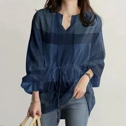 Blusas femininas 2024 treliça manga longa com decote em v blusa com cordão cintura superior coreano elegante escritório tamanho grande camisa feminina