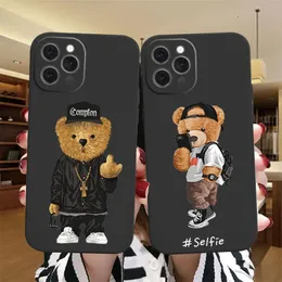 Modemärke björntelefonfodral lämplig för iPhone 14 13 11 12 Pro Max Mini X XR XS 7 8 Plus SE Söt svart matt omslagstrend Fundas 240102