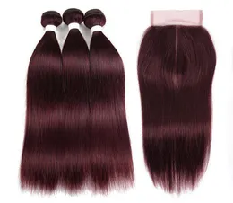 Fasci di capelli umani color vino rosso scuro dritto 99J con chiusura Tessiture di capelli vergini brasiliani precolorati con chiusura in pizzo 4x46765676