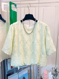 女性のブラウス韓国のグリーンブラウスの女性o-neckパフスリーブ刺繍シャツBlusas Chic SummerTシャツ