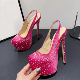 Liyke Runway Fashion Rhinestones Platforma Platforma Sexy Slingback Pill-On Back Pasp Extreme High Heels Sukienka dla butów 240102