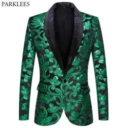 Jackor Shiny Green Floral Sequin Tuxedo Blazers Men One Button Shawl Collar Dress Sacka Jacket Fest Dinner Wedding Prom Singer Costume
