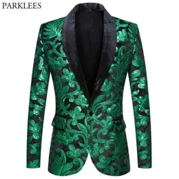 Jacken Glänzend grün Floral Pailletten Smoking Blazer Männer One Button Schalkragen Kleid Anzug Jacke Party Abendessen Hochzeit Abschlussball Sänger Kostüm