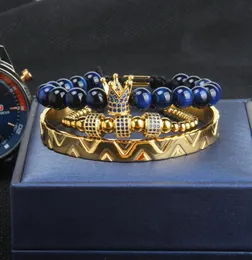Mode 3PcsSet Crown Bangel Armband Männer Und Frau Leopard Flechten Armband Edelstahl Armreifen Blau Cz Schmuck9882836