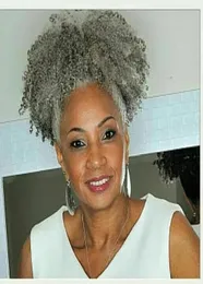 Custom two tone mixed Silver grey human hair Ponytail hairpiece Clip in afro kinky curly gray hair Ponytails Extensions drawstring2804626