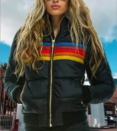 여성 재킷 스트라이프 무지개 인쇄 얇은 후드가있는 재킷 여자 겨울면 파파 플러스 크기 코트 드롭 배달 a dhj27