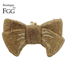 Boutique de FGG Novely Women Bow Clutch Crystal Evening Bags Hard Case Metal Minaudiere Rhinestone Handbags Wedding Party Party Purse 240102