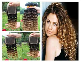 Estensioni dei capelli umani Ombre ondulate a onda profonda malese 1B 4 27 Fasci di tessuto per capelli Ombre con chiusura in pizzo Ombre a tre toni 4 pezzi Lotto4145049