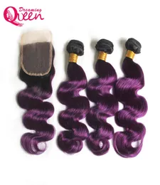 T1B Colore Viola Onda Del Corpo Ombre Capelli Umani Vergini Brasiliani Bundles 3 Pz Con Chiusura In Pizzo 4x4 Linea Sottile Naturale Ombre Capelli Bundl7805780