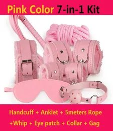 7in1 kit Bondage set for foreplay sex games red fur handcuffs blindfold handcuffs ankle cuff collar Leather whip ball gag 5meter2435524