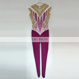 Palco desgaste liuhuo ginástica rítmica collant personalizar mulheres adulto menina traje desempenho competição dança aeróbica macacões roxo