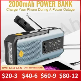 راديو متعدد الوظائف يدوية كرنك شمسية USB الشحن FM AM WB 2000mAh الطقس الراديو الطوارئ LED Flashlight Torch Power Bank 240102