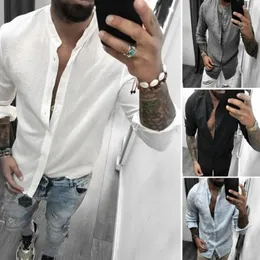 Camisas casuales para hombres Camisa de otoño para hombres Manga larga Botones de color sólido con un solo pecho Cuello alto Ropa diaria Longitud media Viaje al trabajo Top de verano