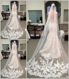 2019 vente moins cher en Stock longue chapelle longueur voile de mariée Appliques Long voile de mariage dentelle applique avec Comb1986846