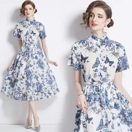 Women Boutique Printed Dress Short Sleeve Ruffles Collar Dress 2024 Summer Dress High-end Elegant Lady Dresses OL Runway Dresses