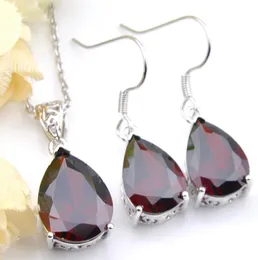 Luckyshine Regalo di anniversario Orecchini Pendenti Set Goccia d'acqua Rosso granato Collane in argento sterling 925 Orecchini pendenti da donna Gioiello1405132