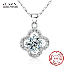 YHAMNI Fine Jewelry Solid Silver Necklace Clover Shape Set 1 ct SONA CZ Diamond Pendant Necklace For Women Wedding Jewelry 4Y318M