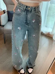 Kvinnors jeans koreansk stil mode broderad kanin nya jeans högskott kvinna baggy wide ben denim pants gata bär damer byxor j231227