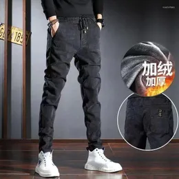 Jeans masculinos 2024 outono e inverno engrossado mais veludo solto cintura apertada tendência reta magro juventude calças casuais para homens