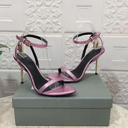 Sandali da donna di lusso con tacco alto in pelle con lucchetto a punta sandalo nudo con cinturino alla caviglia scarpe eleganti con scatola 506