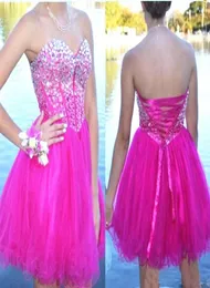 Sparkly Crystals Fuschia Homecoming Dress Querida Lace up Back Tulle Curto Prom Vestidos Cocktail Party Vestidos vestido curto Cust4184177