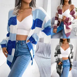 Chandails pour femmes 2024 automne et hiver couleur contrastée rayé lanterne manches décontracté cardigan pull veste vêtements