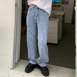 Kadınlar kot gjbd kadın kot pantolon vintage kalp şeklindeki nakış sokak kıyafeti yüksek bel geniş bacak pantolon Bolgy harajuku düz denim pantolon j231227