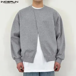 Men Hoodies Solid Color O-neck Long Sleeve Split Casual Sweatshirts Korean Streetwear Loose Male Pullovers S-5XL INCERUN 240102