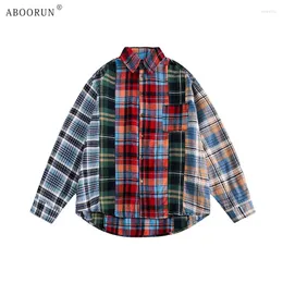 Men's Casual Shirts ABOORUN Fashion Plaid Patchwork Streetwear Loose Cotton Top Blouses For Male
