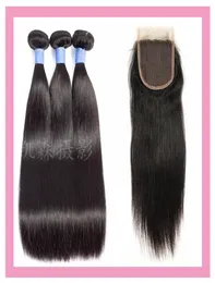 Бразильские волосы девственницы, шелковистые прямые, 3 пучка с кружевной застежкой 4X4, закрытие целиком детских волос, натуральный цвет8251469