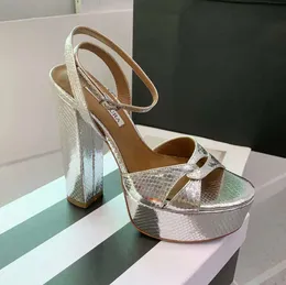 Plateau Metallic Peep-Toe Platfom Sandals مكتنزة كتلة عالية الكعب الكاحل بلاك Stap مضخات 14 سم تصميم أحذية الحقائق المصممة الشهيرة مصممة الصنادل