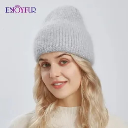 ENJOYFUR Women Winter Hats Warm Angora Wool Knit Beanie Female Fashion Long Fluffy Rabbit Hair Warm Skull Hat 240102