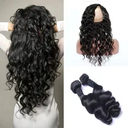 Утки бразильских девственных волос с закрытием на 360 градусов, фронтальные с пучками, свободные волны, девственные волосы, предварительно выщипанные, полные 360, пучки человеческих волос