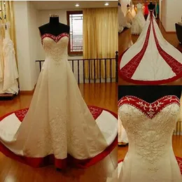 Um clássico vestidos de noiva de bordado de linha longa para o pescoço do pescoço da capela de pescoço de pescoço de pescoço e vestidos de noiva vermelha escura e escura de noiva