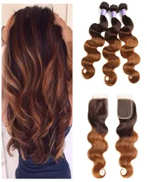 Two Tone 430 Ombre Body Wave Virgin Hair Bundles With Lace Closure Dark To Auburn Brazilian Human Hair Weaves With Lace Closure6701775