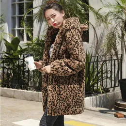 Women's Fur Fashion Leopard Print Coat Women Outerwear Winter Thick Warm Plus Size Loose Mid Long Faux Jacket Female