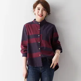 Women's Blouses Early Spring Plaid Spliced Contrast Style Retro Shirts Women Button Long Sleeve Simple Casual Blouse L-5XL Loose All-macth