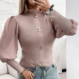 Frauen Blusen 2024 Frühling Sommer Einfarbig Gigot Hülse Holz Verschluss Dekoration Casual Top