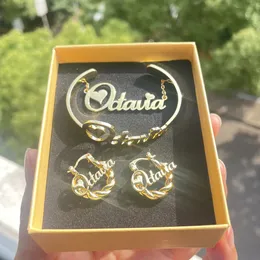 3UMeter Children Custom Name Jewelry Set Personalized Nameplate Pendant Stainless Steel 18mm Hoop Earrings Necklace Bangle Girl 240102