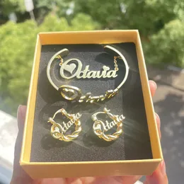 3umeter crianças nome personalizado conjunto de jóias personalizado placa de identificação pingente aço inoxidável 18mm brincos de argola colar pulseira menina 240102