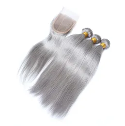 نسج الشعر البشري الفضية البرازيلية مع إغلاق أعلى رمادي حزم شعر عذراء ملونة الصفقات 3pcs مع 4x4 الدانتيل الأمامية 7577363