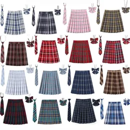 Frauen Plaid Falten Rock Mit Krawatte Fliege XS 5XL Harajuku Preppy Mini Japanische Schule Uniformen Mädchen Sommer Jupe Kawaii 240102