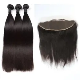 Wefts Malaysian Virgin Straight 3バンドル13x4レースの前面の未加工の非加工されていないブラジルの耳から耳の前頭閉鎖人間の髪の髪の毛