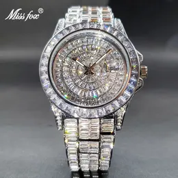 Мужские часы с 322 шт. Baguette Full Ice Diamond Calendar Кварцевые часы Мужские специальные дорогие водонепроницаемые часы Drop 240102