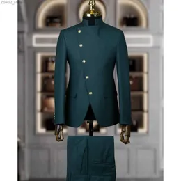 Erkek Suit Blazers Lüks Tek Göğüslü Takımlar Erkekler için Blazer Hombres Stand Lapel İki Parça Ceket Pantolon İnce Fit Normal Traje Hombre Q230103